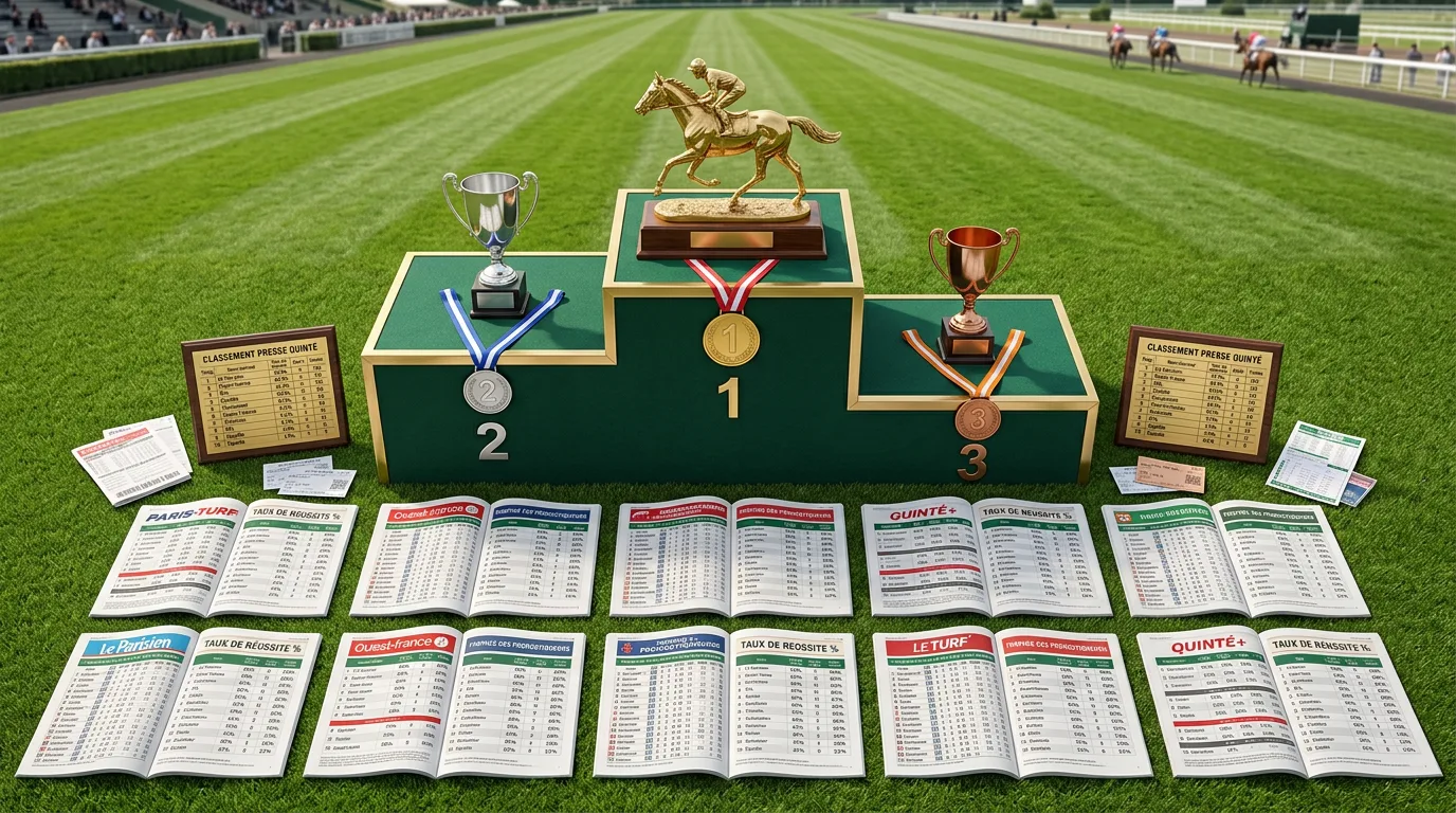 Tableau de classement des pronostiqueurs presse quinté avec colonnes de taux de réussite et journaux hippiques