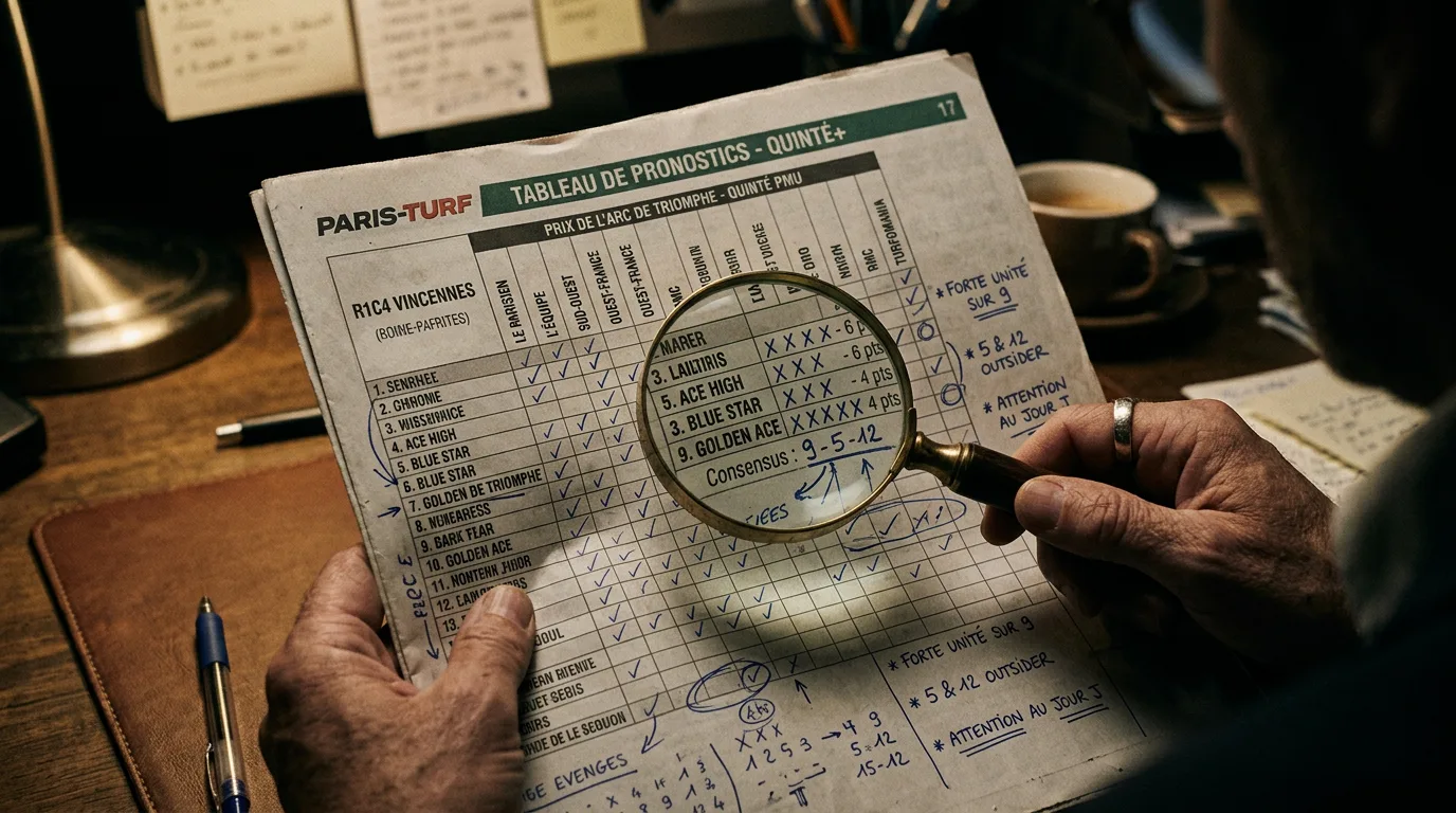 Tableau de pronostics presse hippique avec colonnes de chevaux cochés par différents journaux spécialisés