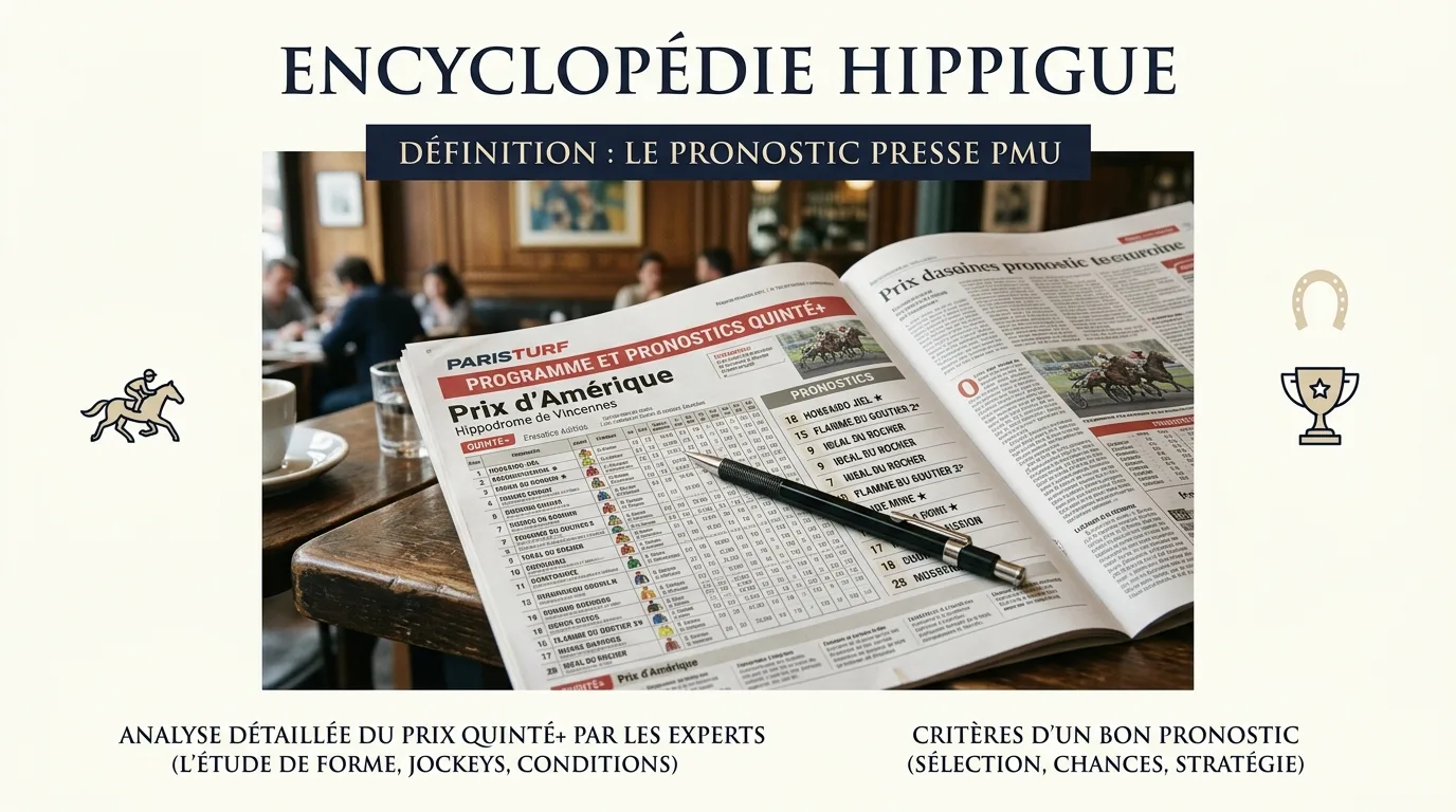 Journaux hippiques ouverts sur une table de café avec un crayon posé sur les colonnes de pronostics du Quinté+