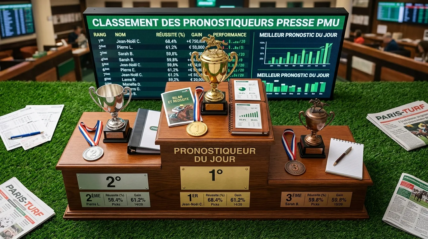 Tableau de classement des pronostiqueurs presse PMU avec statistiques de réussite affichées sur écran dans un bureau de paris hippiques