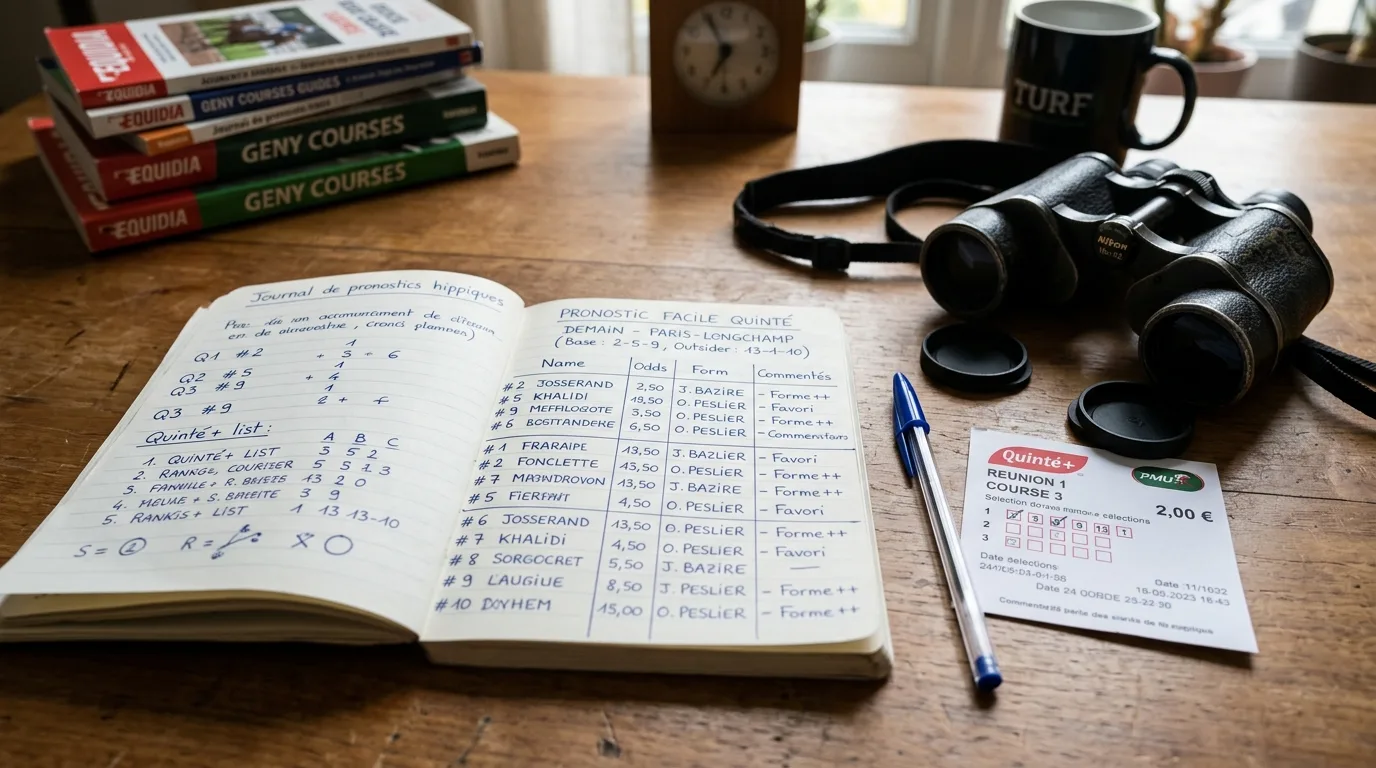 Journal de pronostics hippiques ouvert sur une table avec un stylo et un ticket PMU Quinté+ à côté