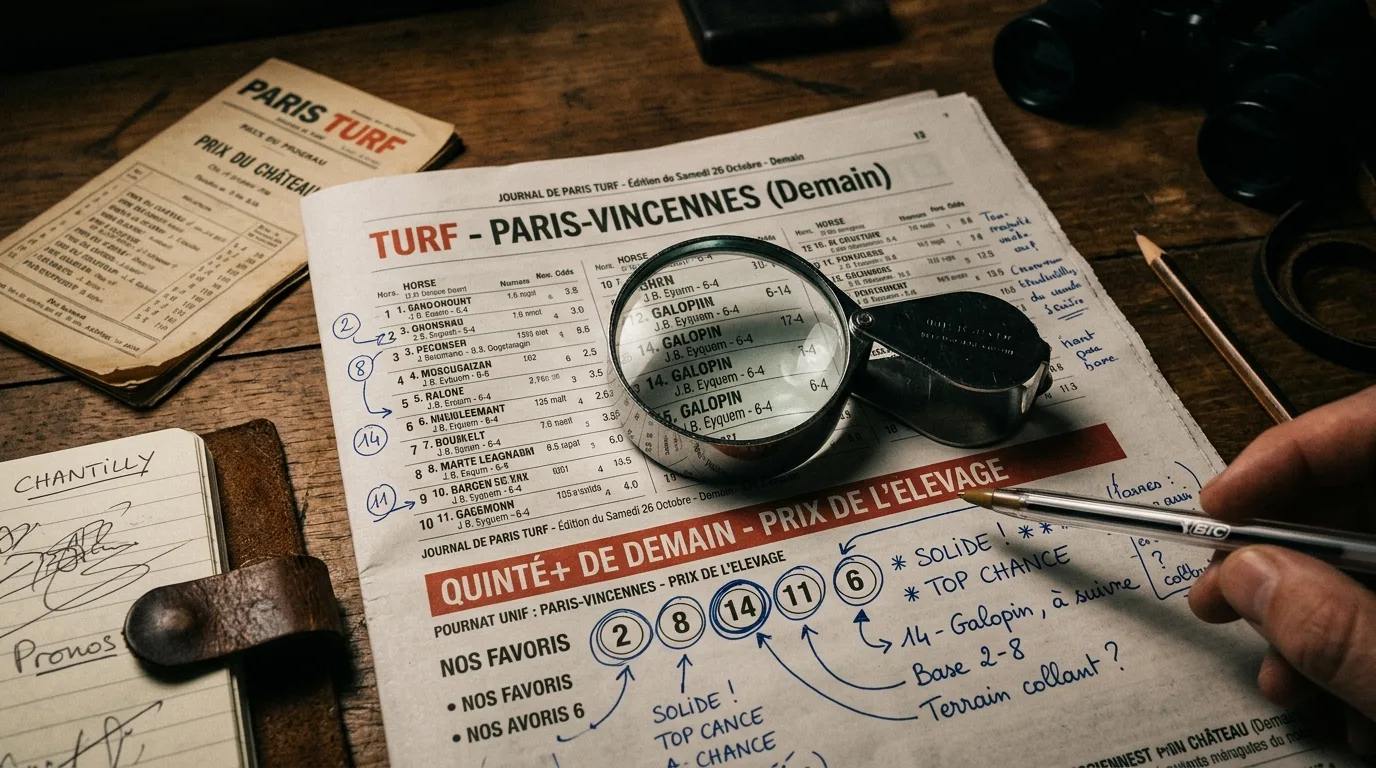 Page de pronostics du journal Paris Turf posée sur un bureau avec un programme de courses et un stylo entourant les sélections du Quinté de demain