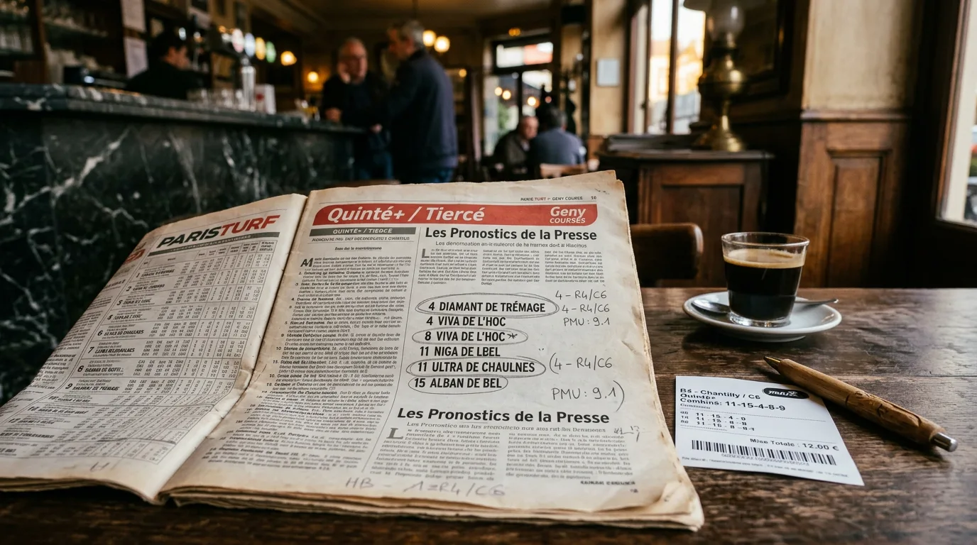 Journaux hippiques ouverts sur une table de café avec un crayon entourant des noms de chevaux et un ticket PMU posé à côté
