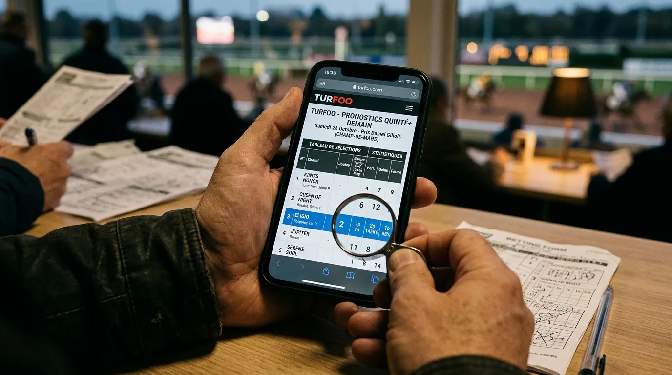 Écran de smartphone affichant les pronostics Turfoo pour le Quinté du lendemain avec tableau de sélections et statistiques de performance