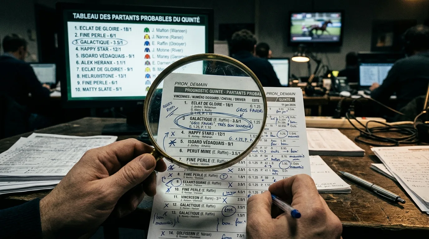 Tableau des partants probables du Quinté affiché sur un écran de salle de presse hippique avec cotes et numéros de dossard